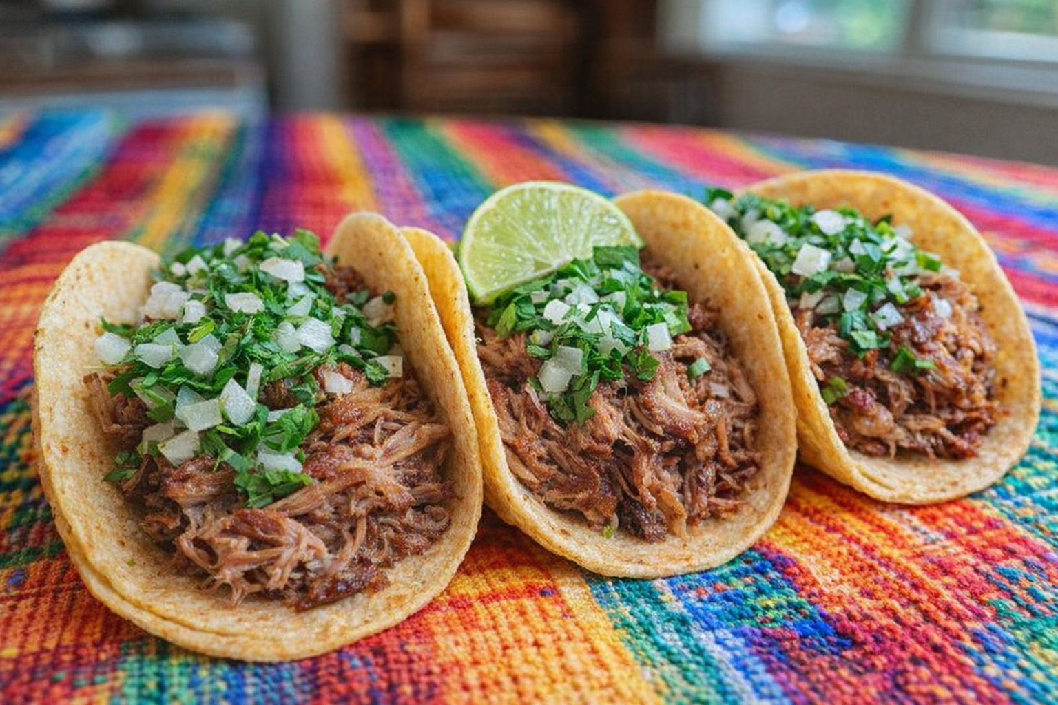 A vibrant shot of three carnitas tacos, filled with shredded pork, topped with diced onion, cilantro, and a lime wedge, set against a colorful Mexican-style tablecloth